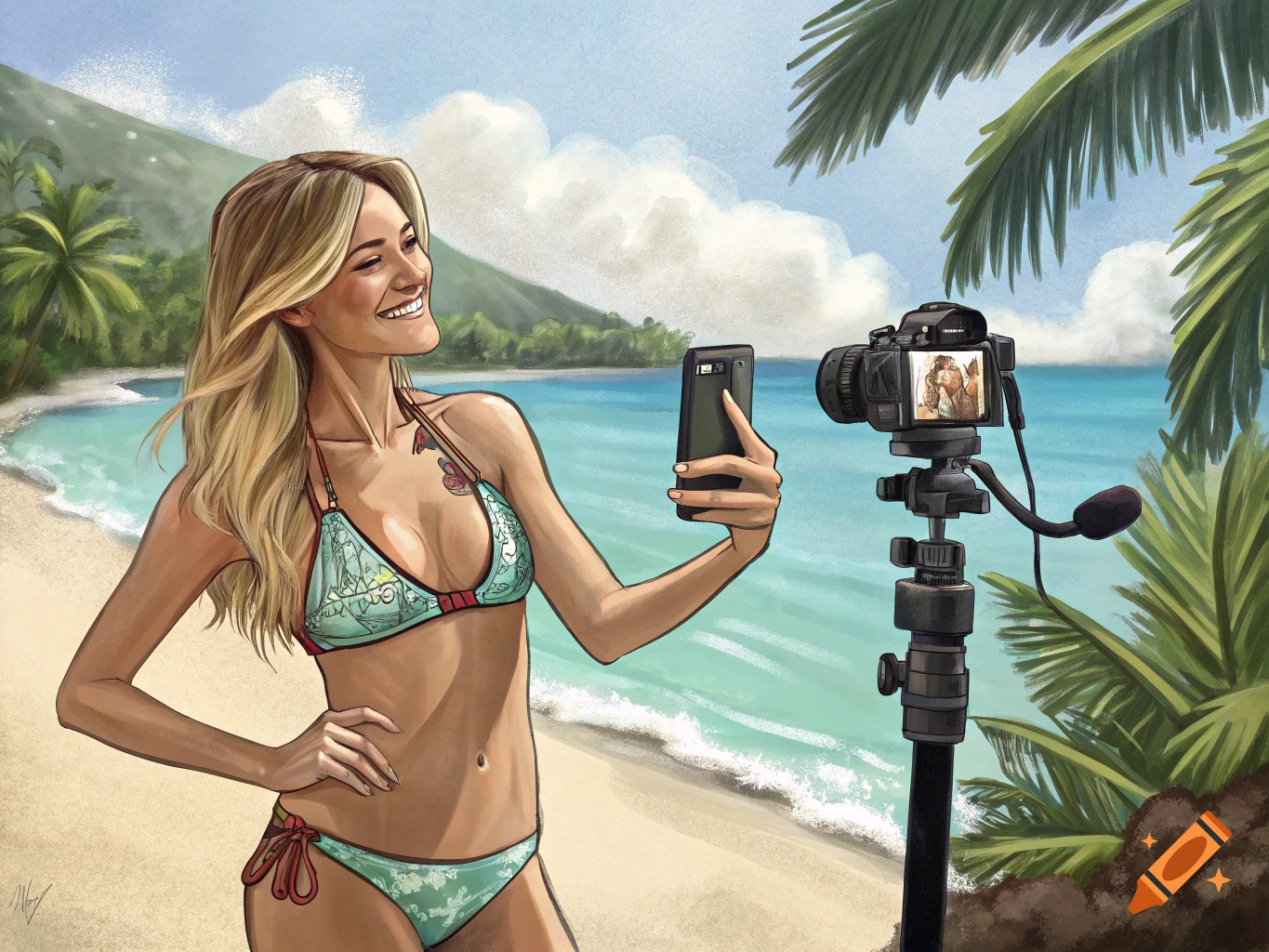 Illustration of a woman in a bikini filming a video on a tropical beach.