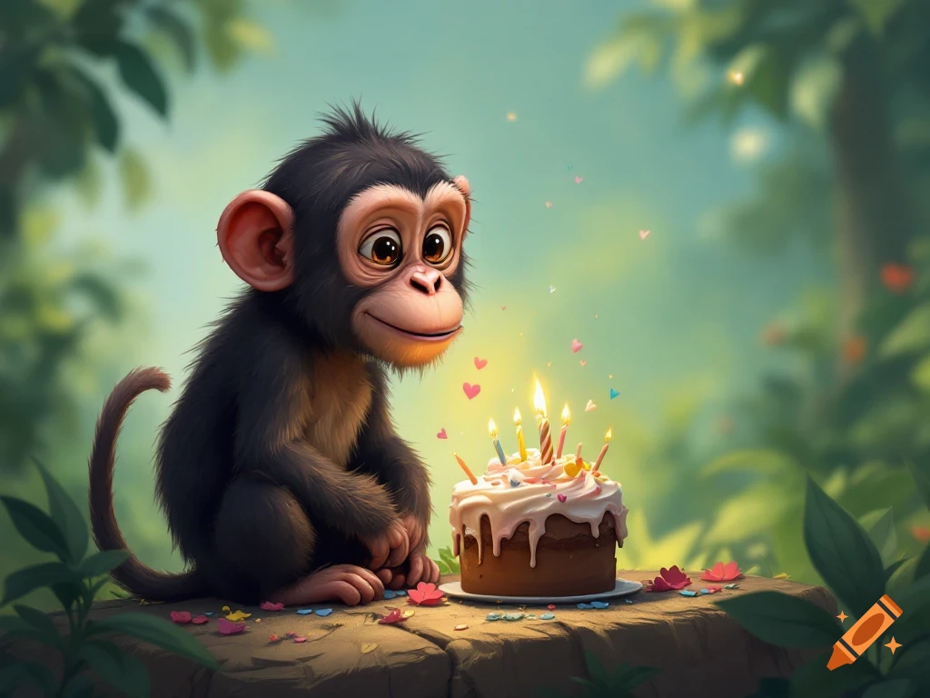 A cute cartoon monkey looks at a birthday cake in a jungle setting.