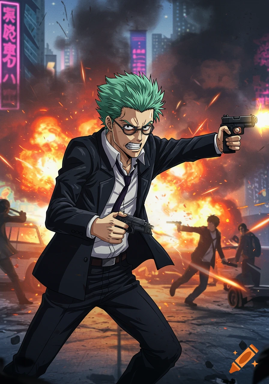 Anime man in suit and glasses shooting pistols in a city shootout with explosions.