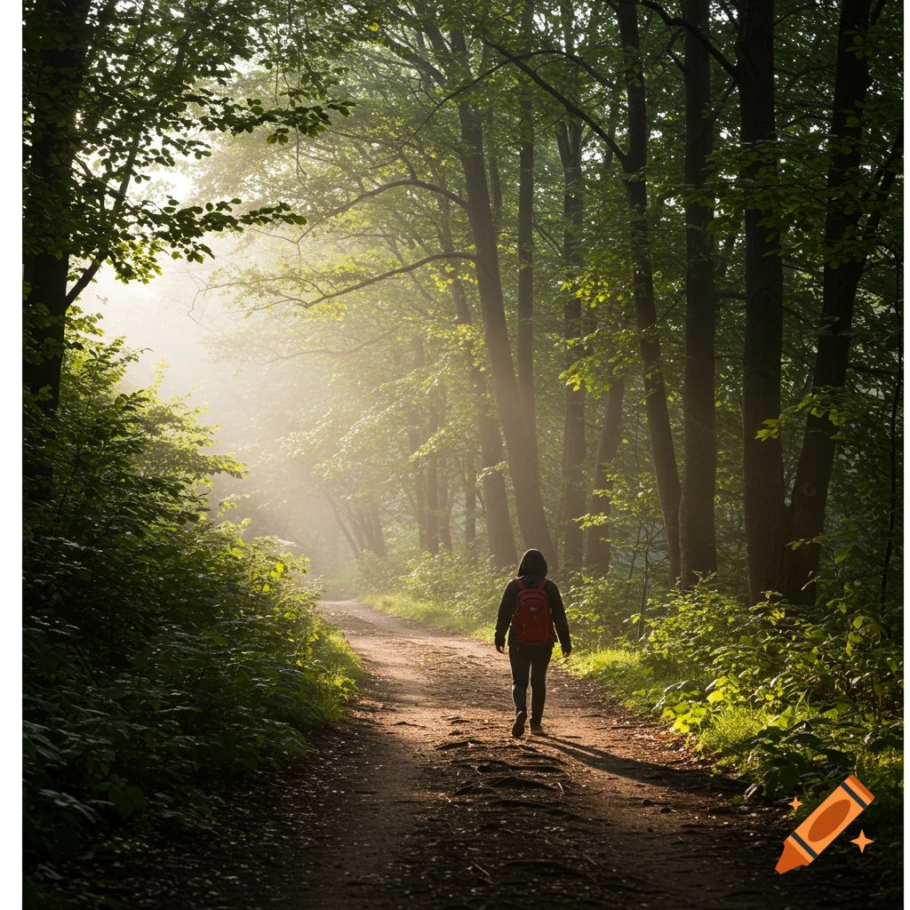 Person walks on a sunlit path through a misty forest. on Craiyon