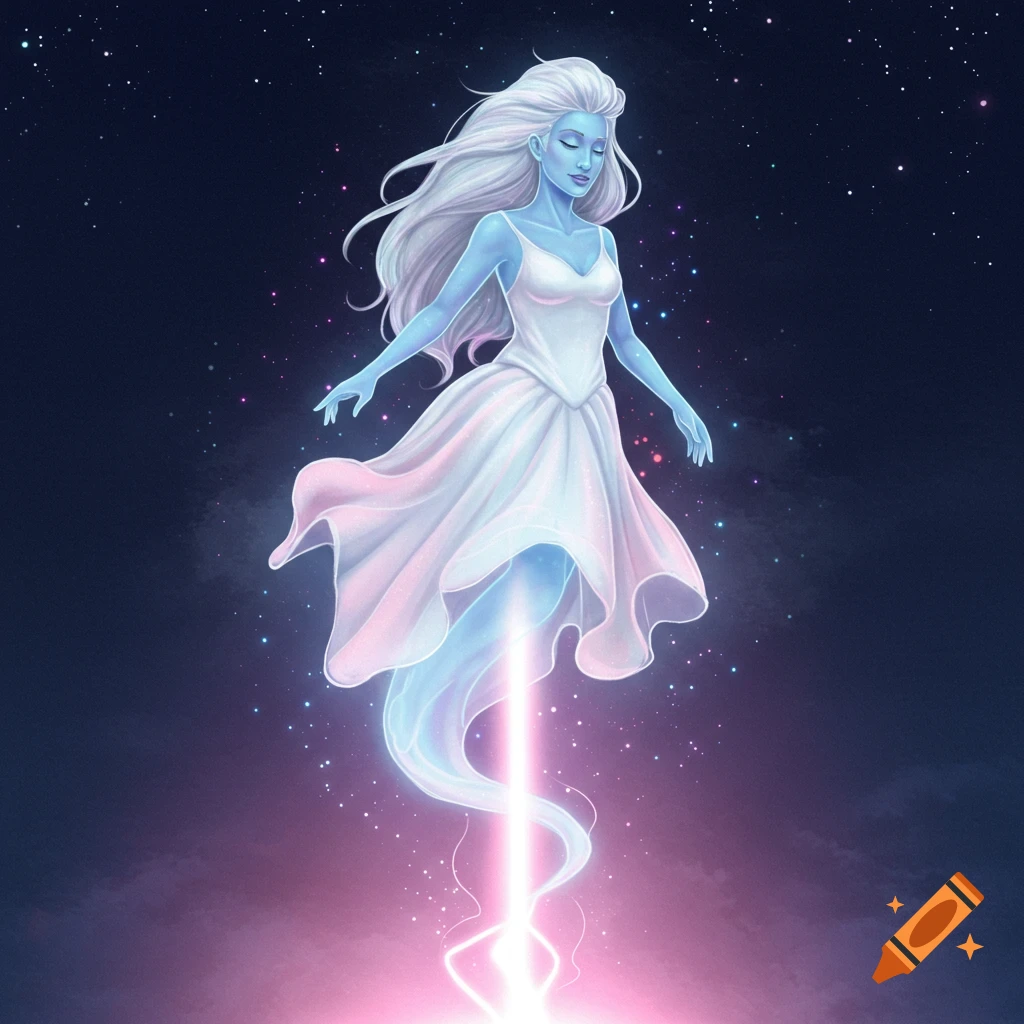 A glowing blue ghostly woman in a white dress floats in space above a pink beam.