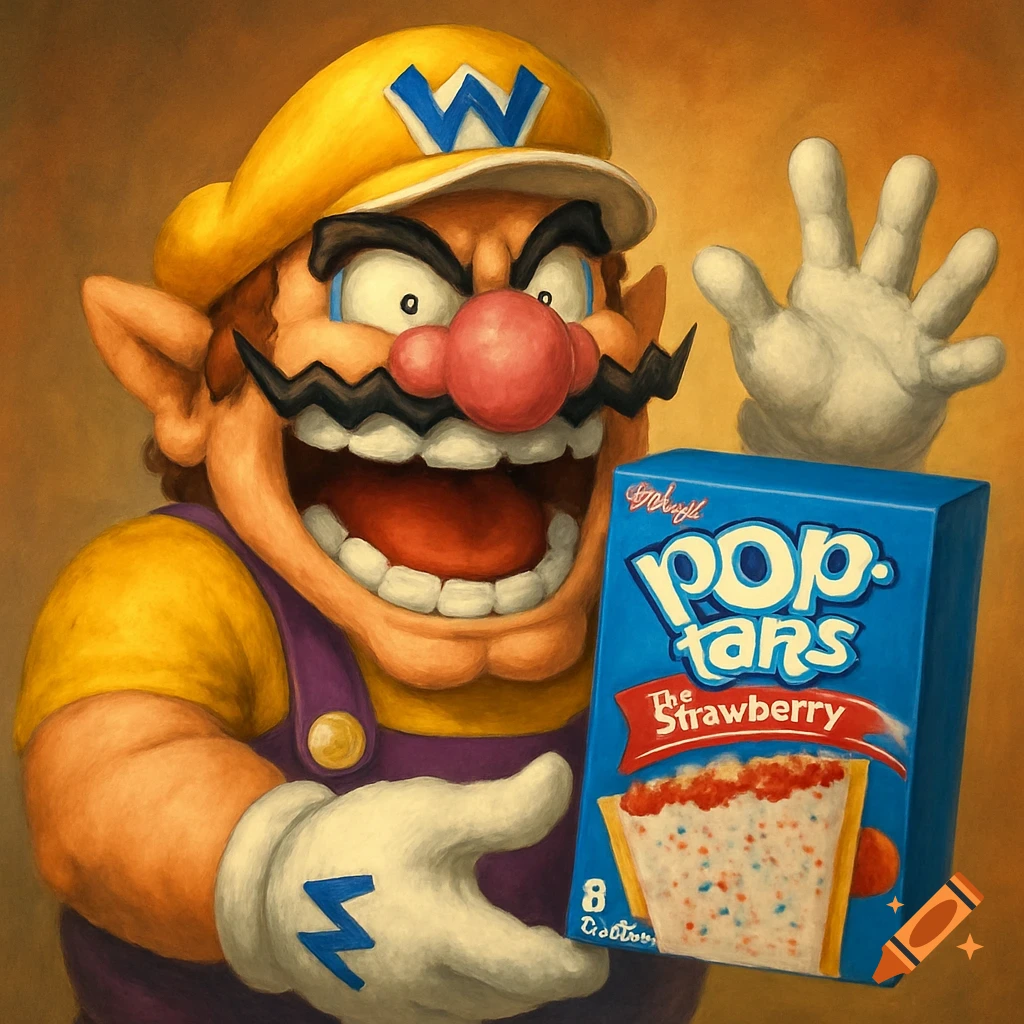 Painting of Wario smiling widely while holding a box of Pop Tarts