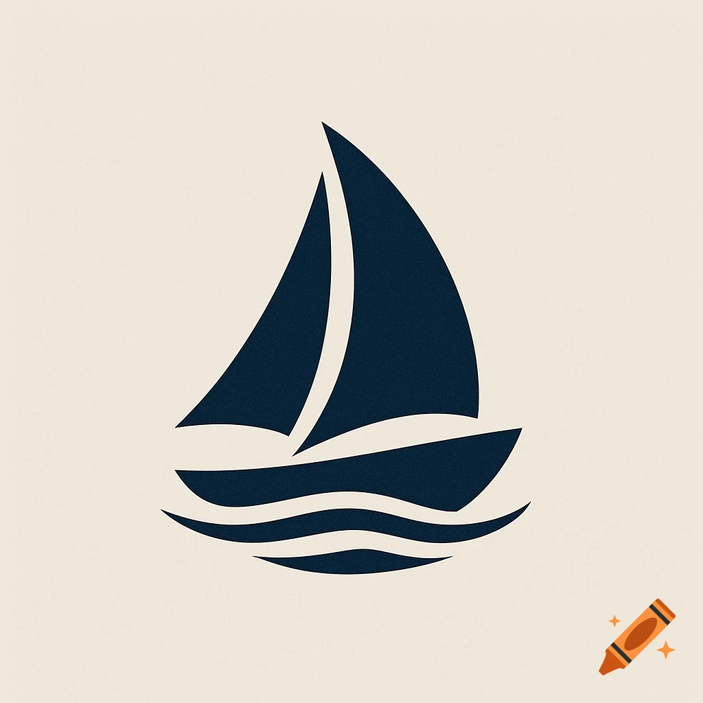A simple dark blue sailboat logo on a cream background.