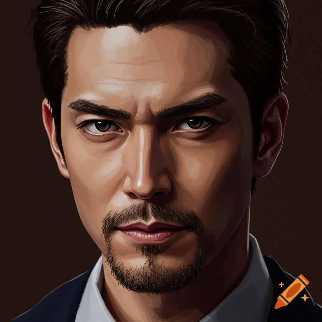 Digital painting of a man's face with a goatee, looking serious.