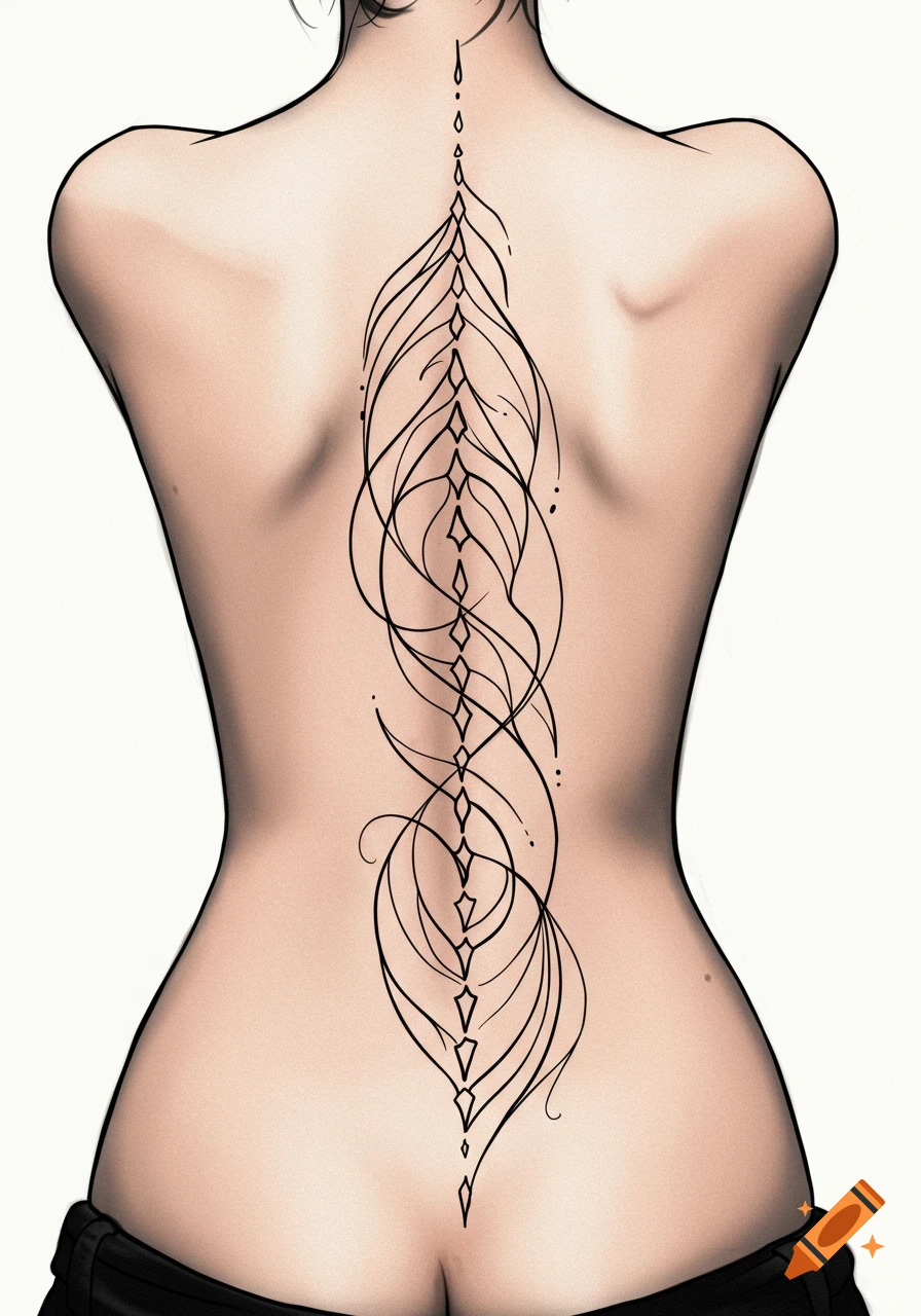 Illustrative fineline spine tattoo on a person's back