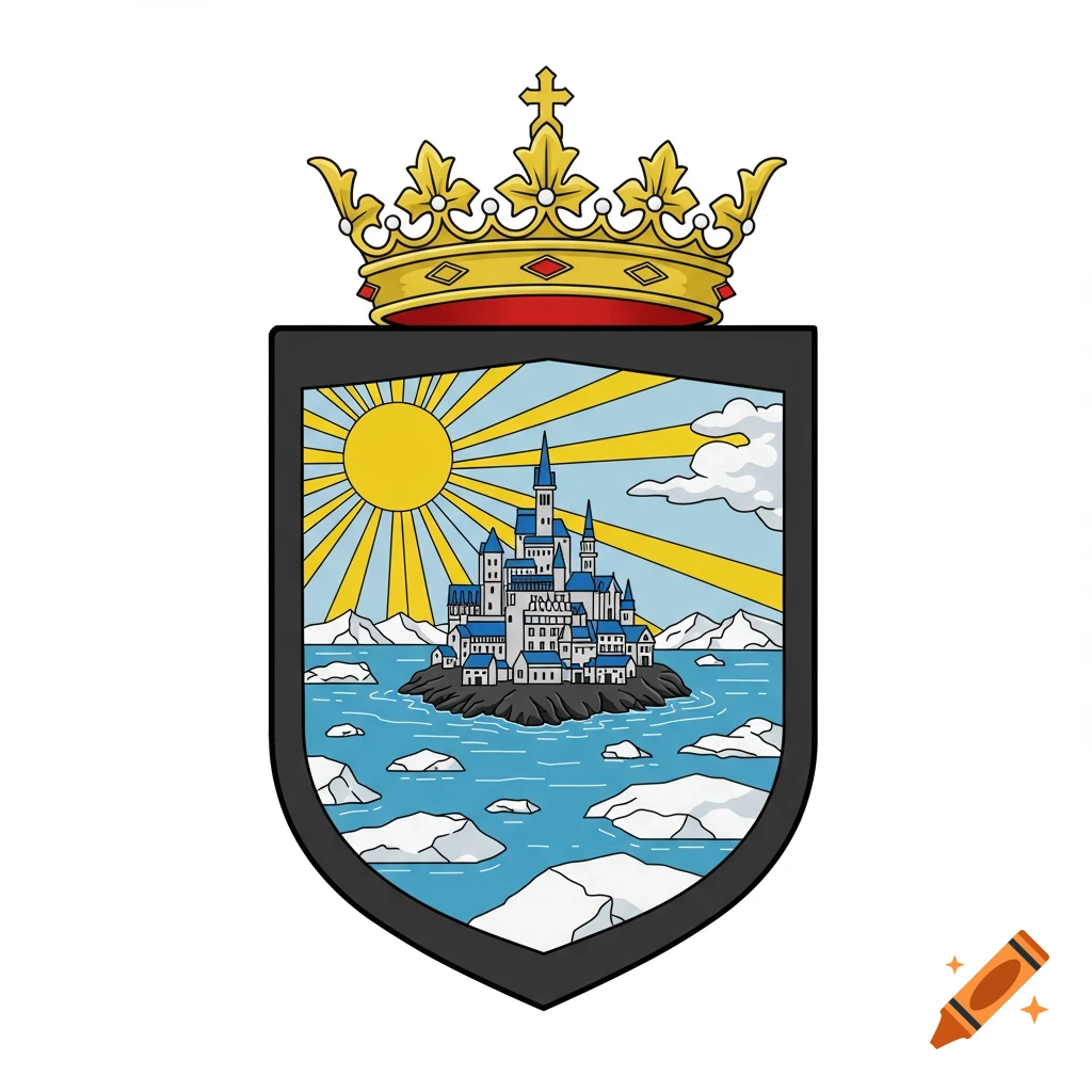 Coat of arms with a castle on an island in an ice field, a sunburst, and a crown on top.