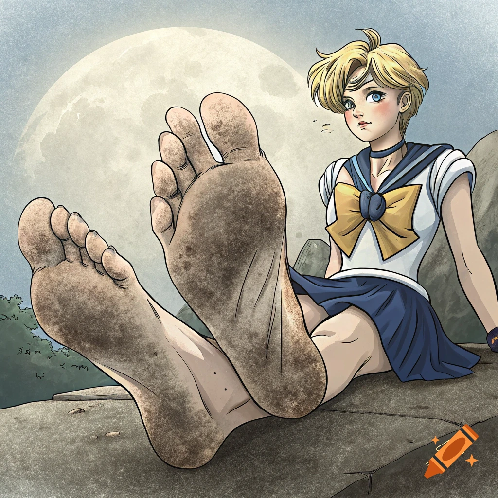 Sailor Uranus sits with her dirty feet prominently displayed in an anime style.