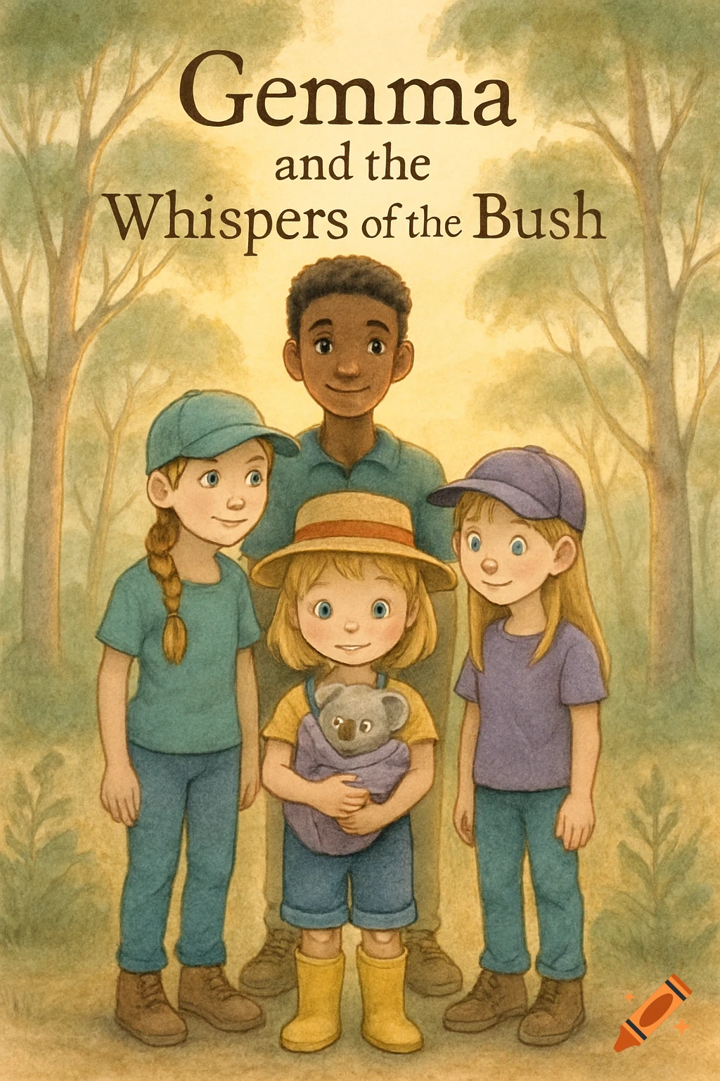 Watercolor illustration of four characters and a koala in a bush clearing, with a title.