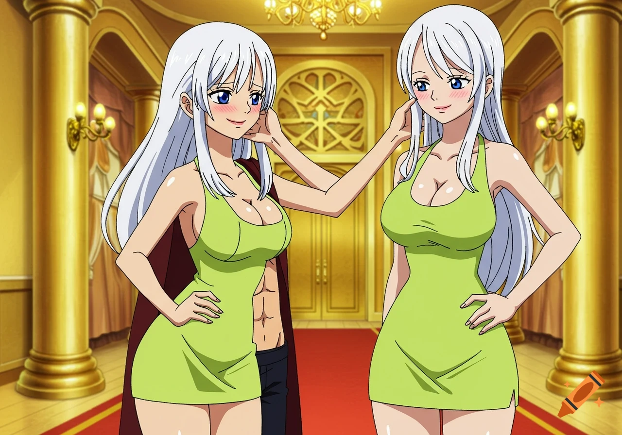 Two anime women in lime green dresses stand in a golden hotel lobby