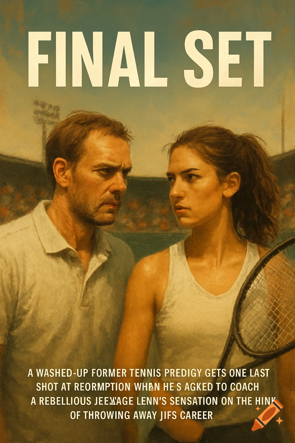 A man and woman look intently at each other on a tennis court, with the title "FINAL SET" above them. Painterly style.