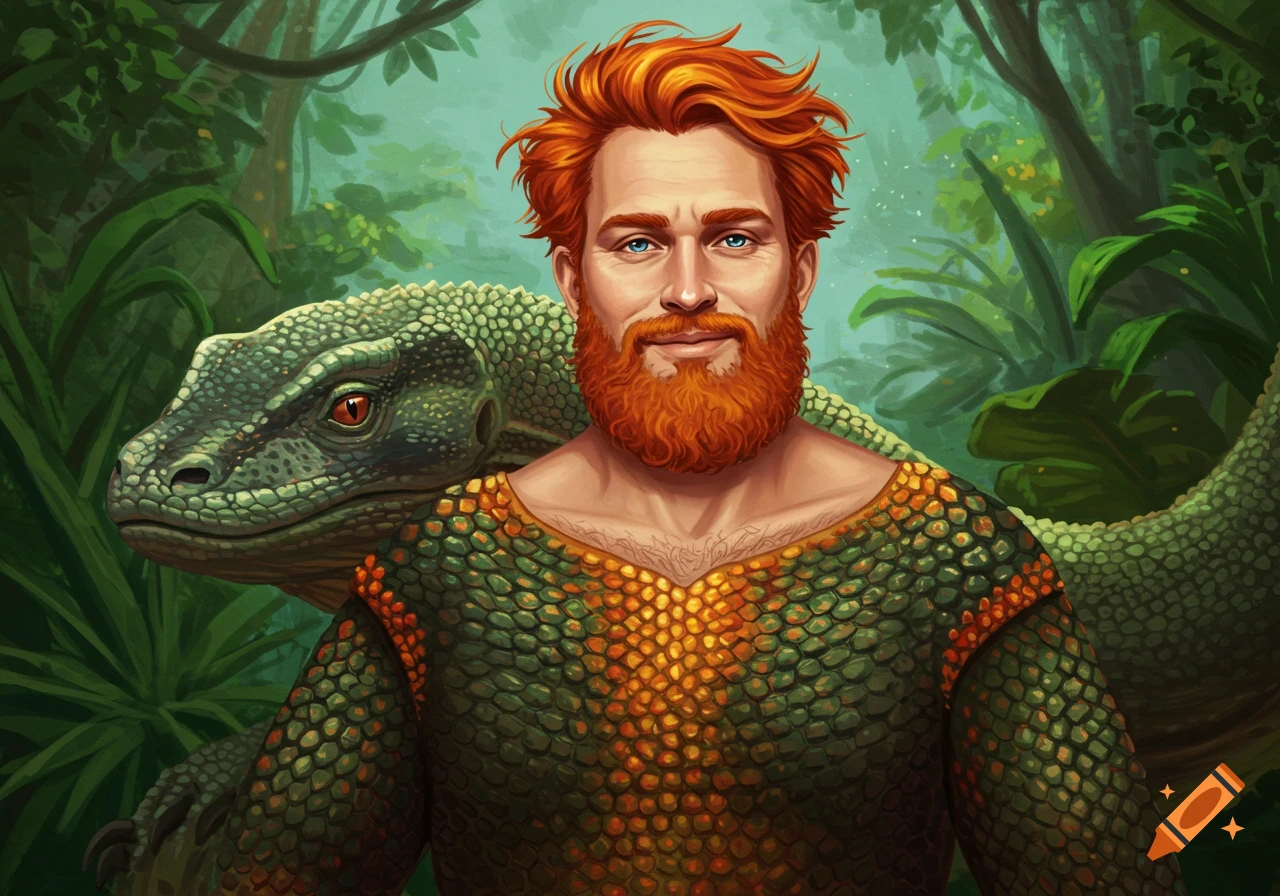 Man with red hair and beard in scale armor stands with a large green lizard in a jungle setting.