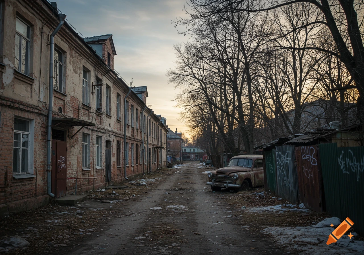 A street scene with old brick buildings, a rusty vintage car, bare trees, and patchy snow