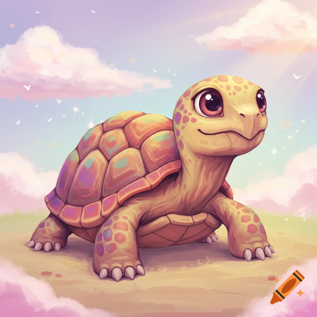 A cute, colorful cartoon turtle stands on grass under a pastel sky with clouds and sunrays.