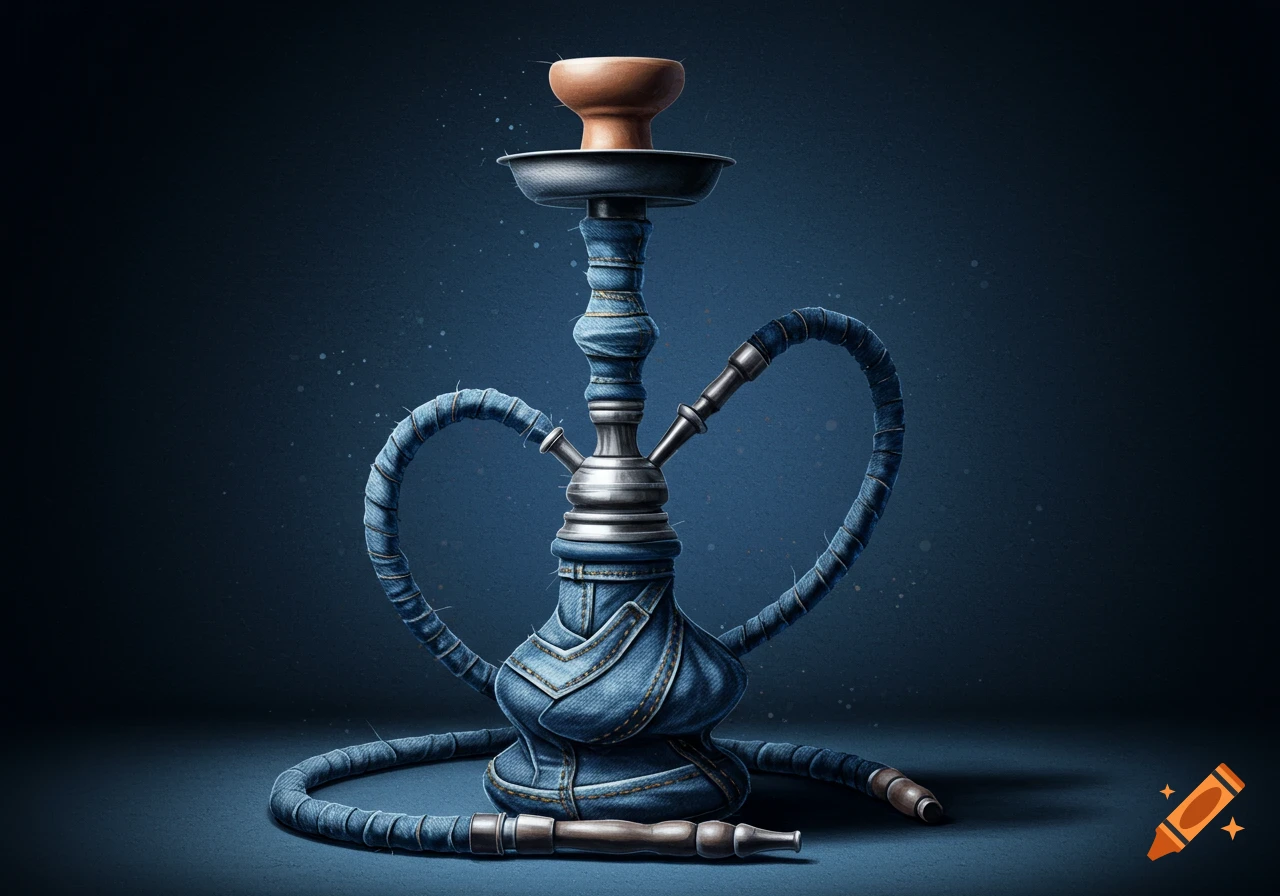 Hookah made of denim material on a dark blue background.