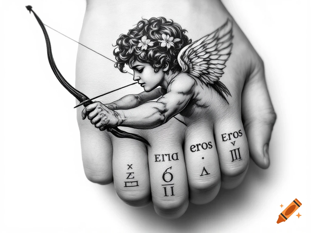 Black and white tattoo of Eros with a bow on a hand, with text symbols on the fingers