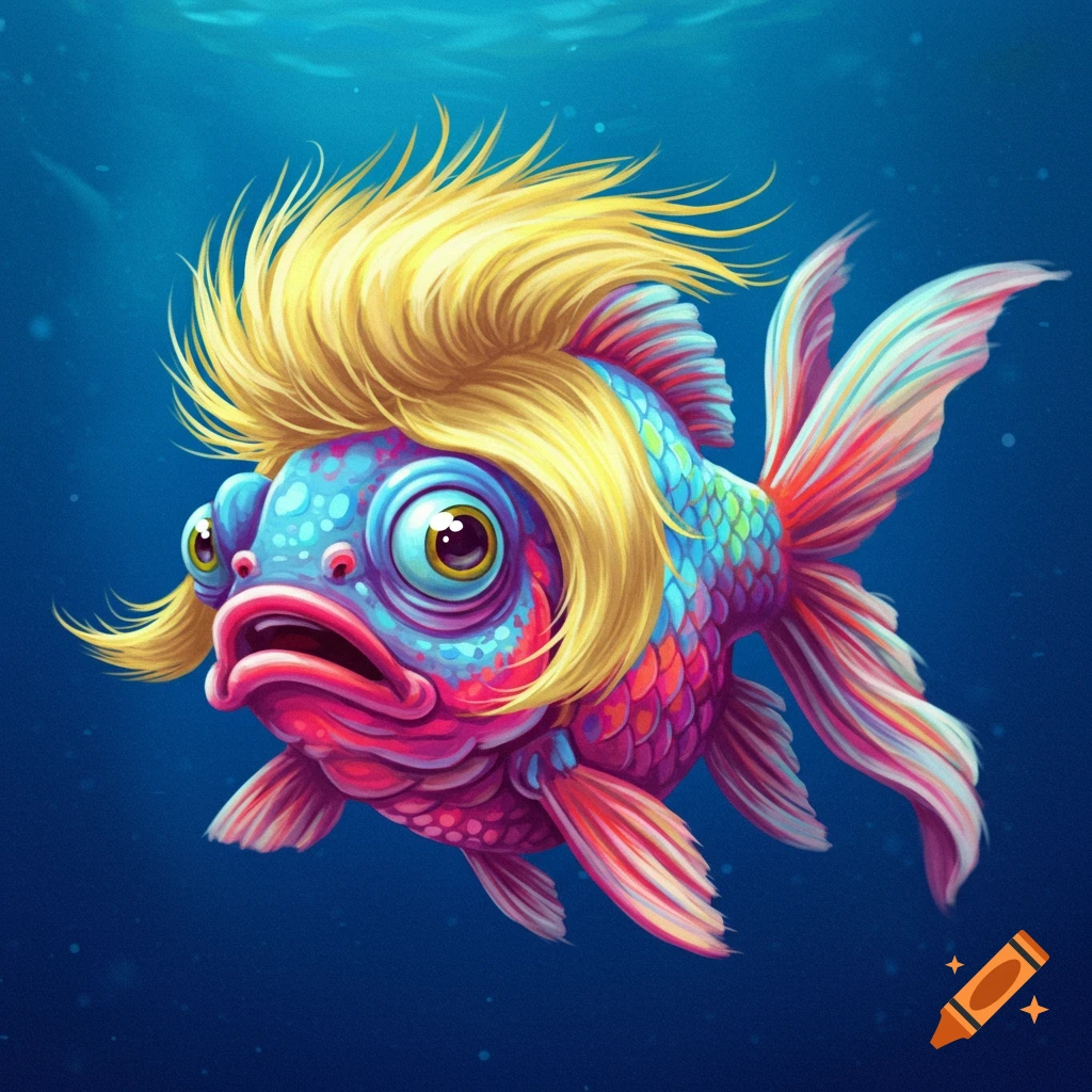 Cartoon fish with a blond mullet swimming underwater