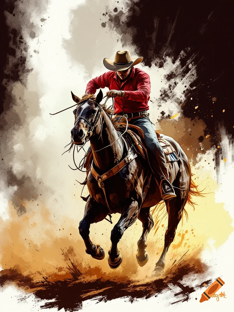 Illustrative painting of a cowboy riding a horse through dust and splashes.