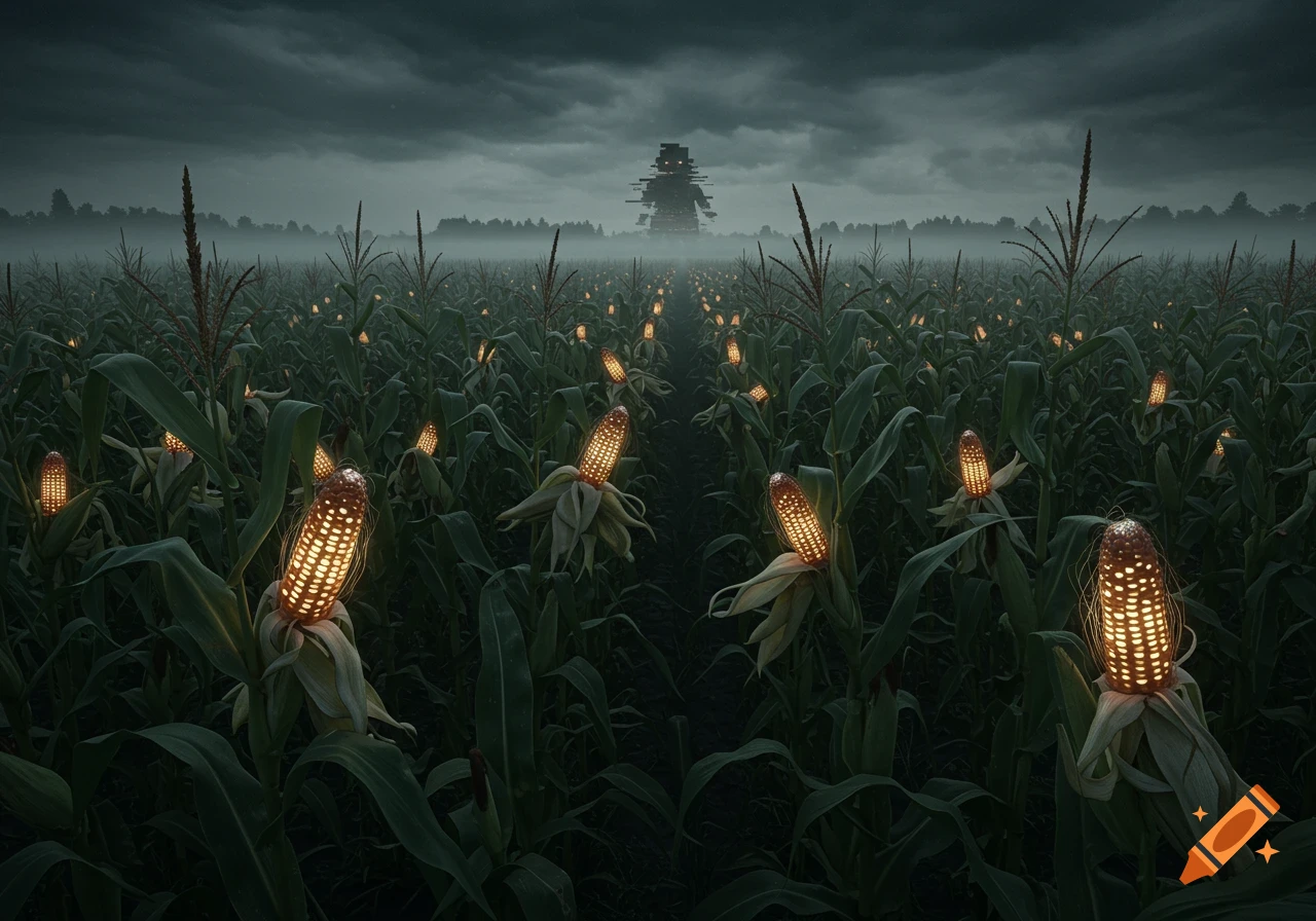 Creepy night scene of a cornfield with glowing cobs and a dark structure under a stormy sky.