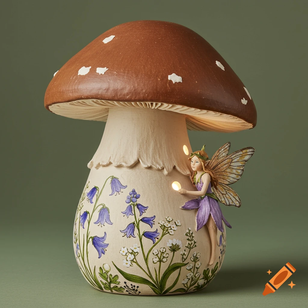 A ceramic mushroom lamp with a fairy and painted flowers.