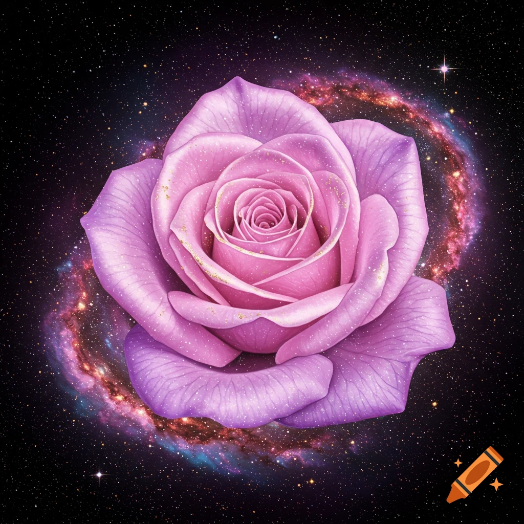 A pink and purple rose against a starry background with a ring-shaped galaxy.
