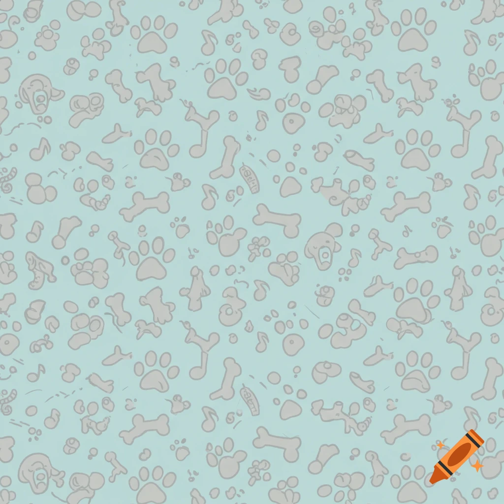 Light blue background with light gray dog paw, bone, and music note pattern
