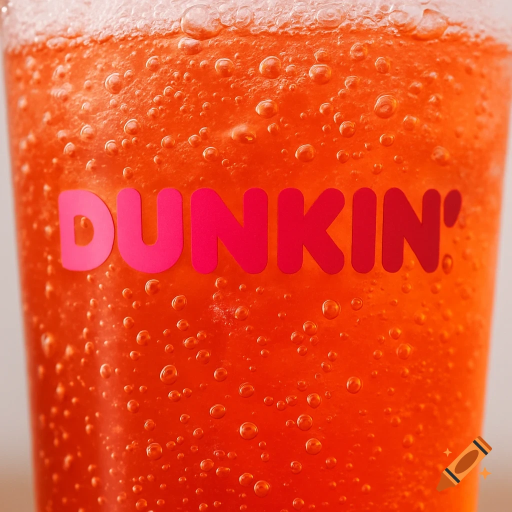 Close-up of a fizzy orange drink in a Dunkin cup with the logo.