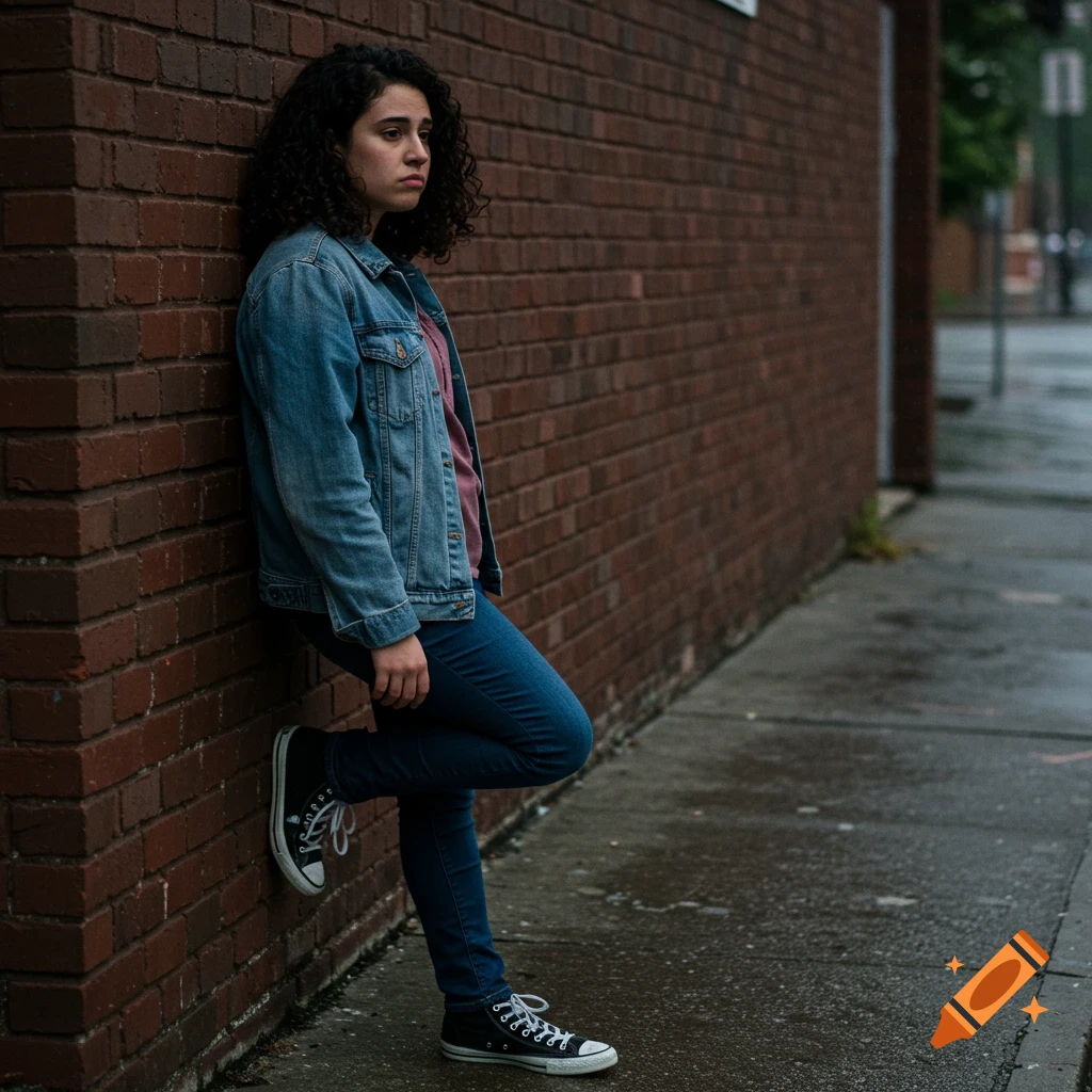 Young woman leans against a brick wall on a wet sidewalk.