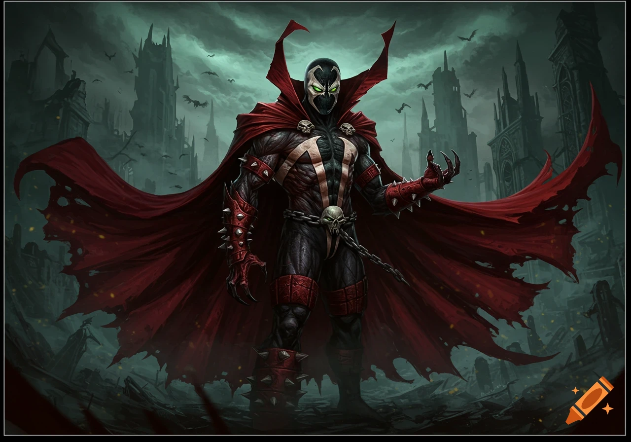 Realistic illustration of Spawn in a red cape standing in a ruined gothic city at night.