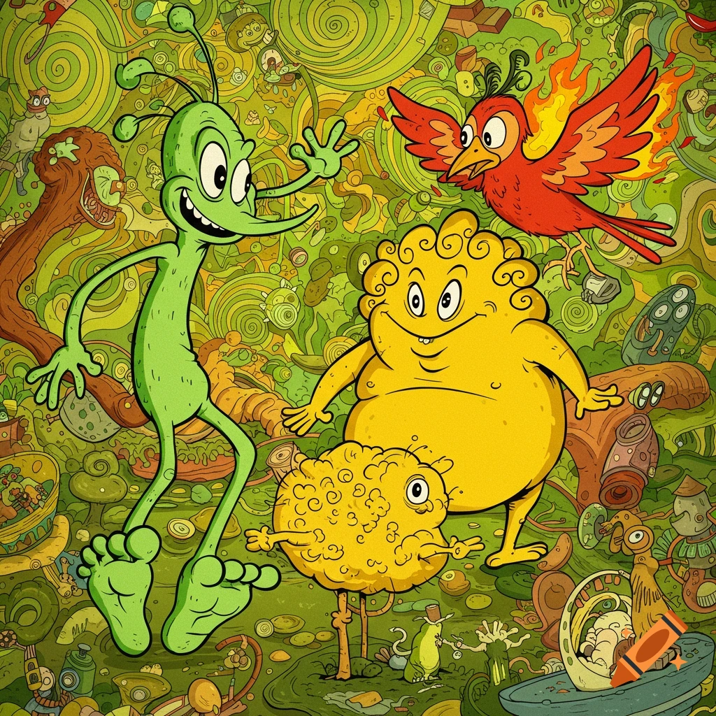 Crazy cartoon with a green alien, a fiery red bird, and two yellow blob characters in a detailed, surreal landscape.