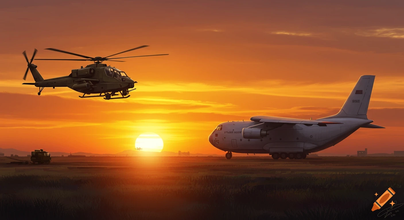 A helicopter flies past a large transport plane on the ground at sunset.