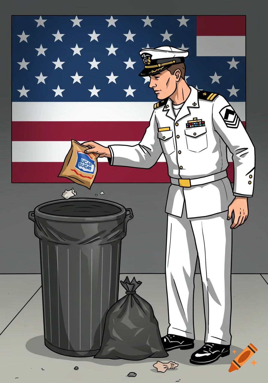 US Navy officer dropping a bag into a trash can in front of a US flag, comic art style