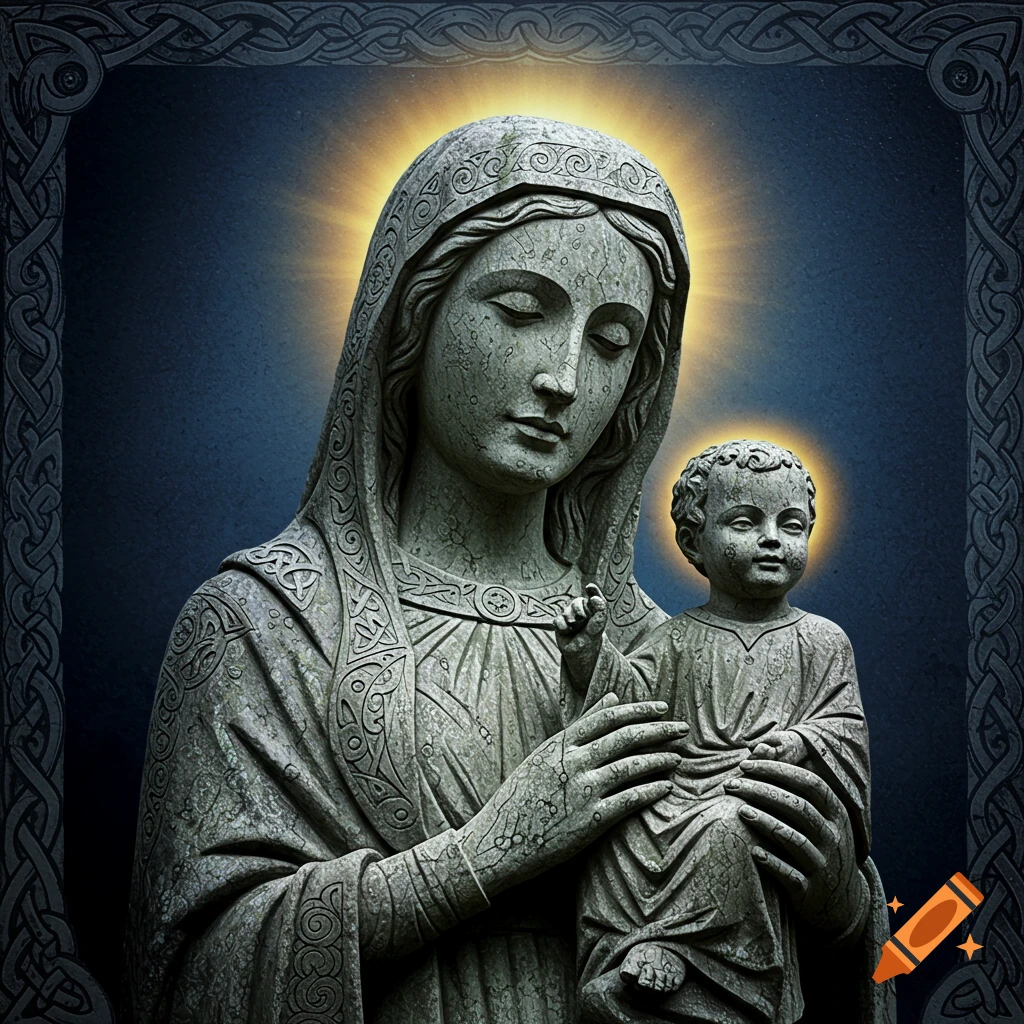 Stone statue of the Virgin Mary holding baby Jesus, with a halo and Celtic border