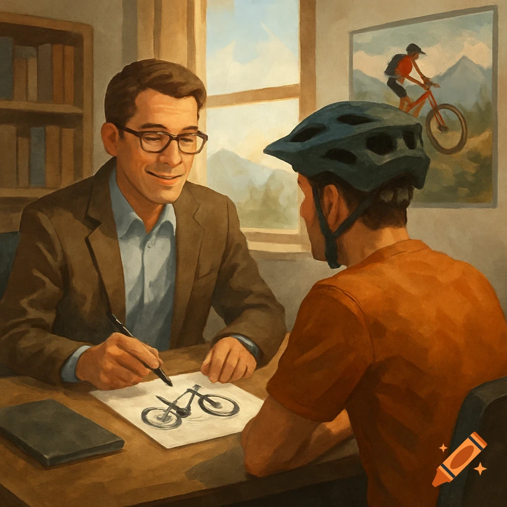 A man in a suit talks to a man in a bike helmet about a drawing of a bike in a painted style.