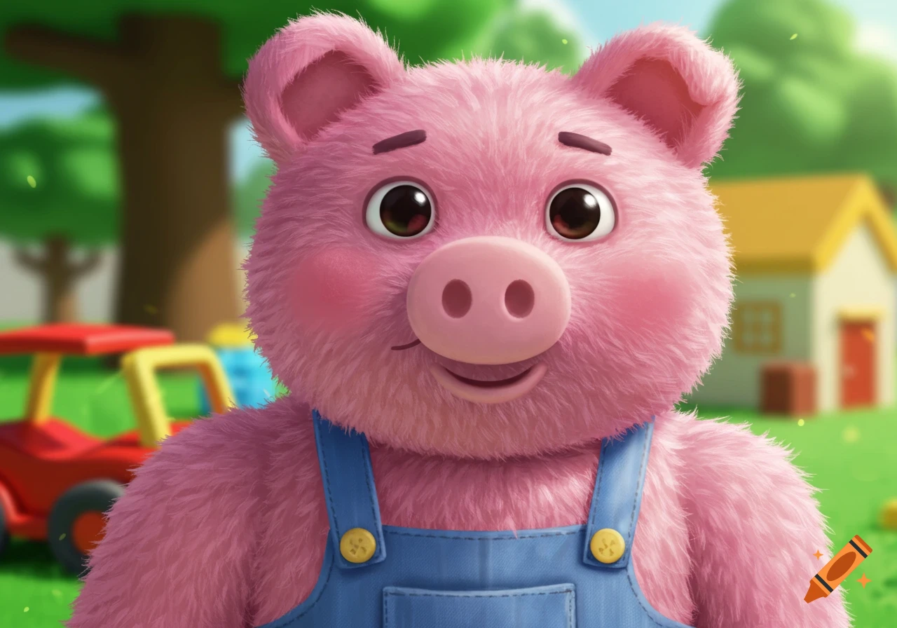 Close-up of a fluffy pink pig character wearing blue overalls in a yard.