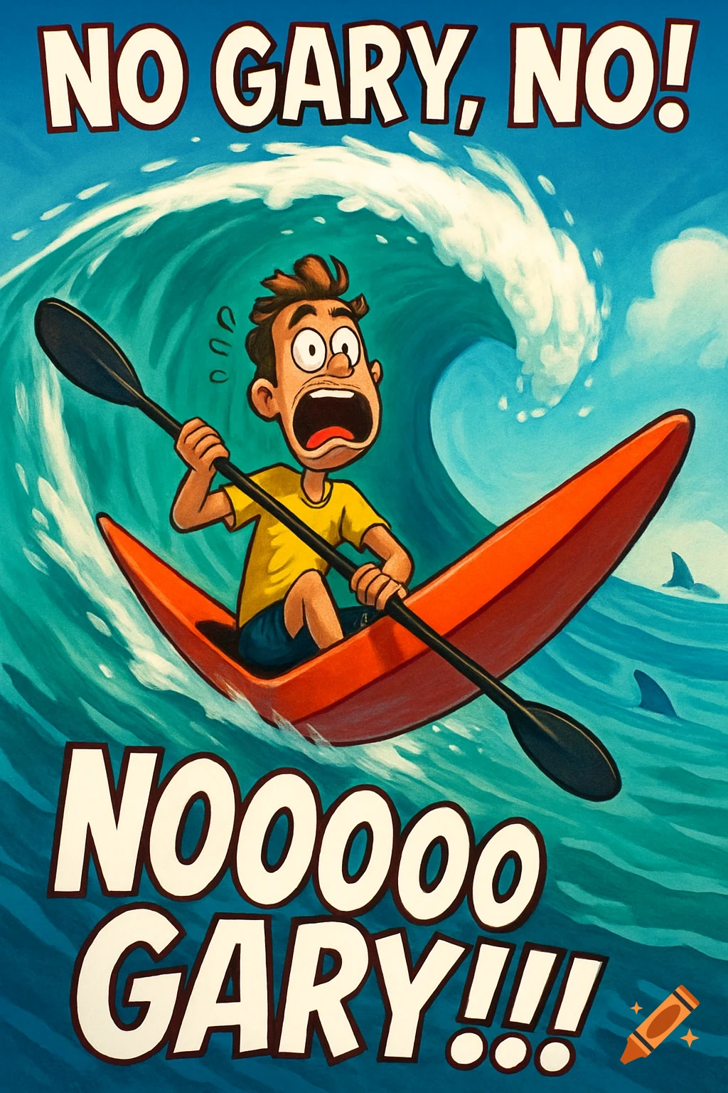 Cartoon man terrified on kayak in large wave with text.