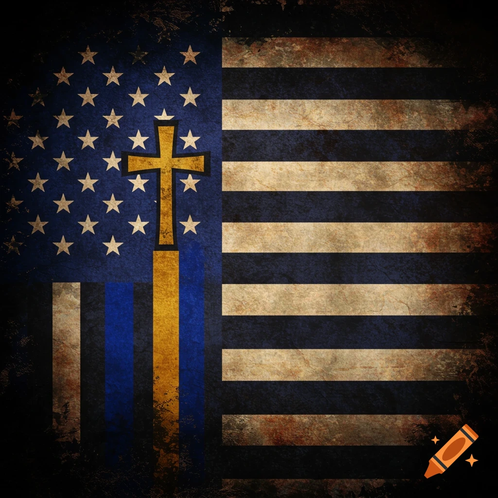 Distressed flag with stars, black and tan stripes, and a golden cross