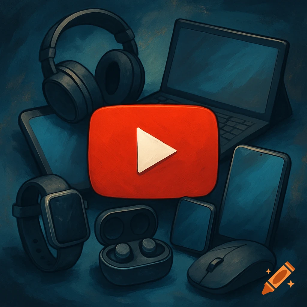 A YouTube play button logo surrounded by headphones, a laptop, tablet, smartwatch, earbuds, phone, and mouse.