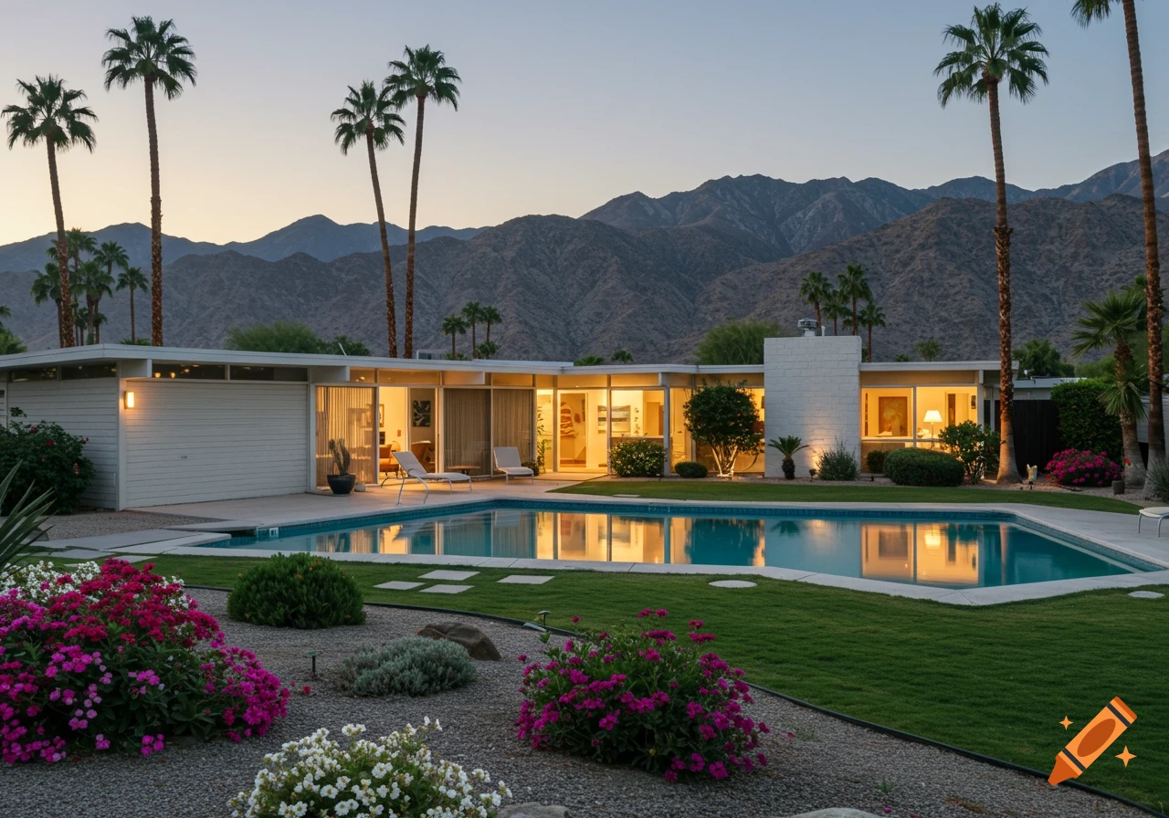 Mid-century modern house with pool and palm trees at dusk in front of mountains.