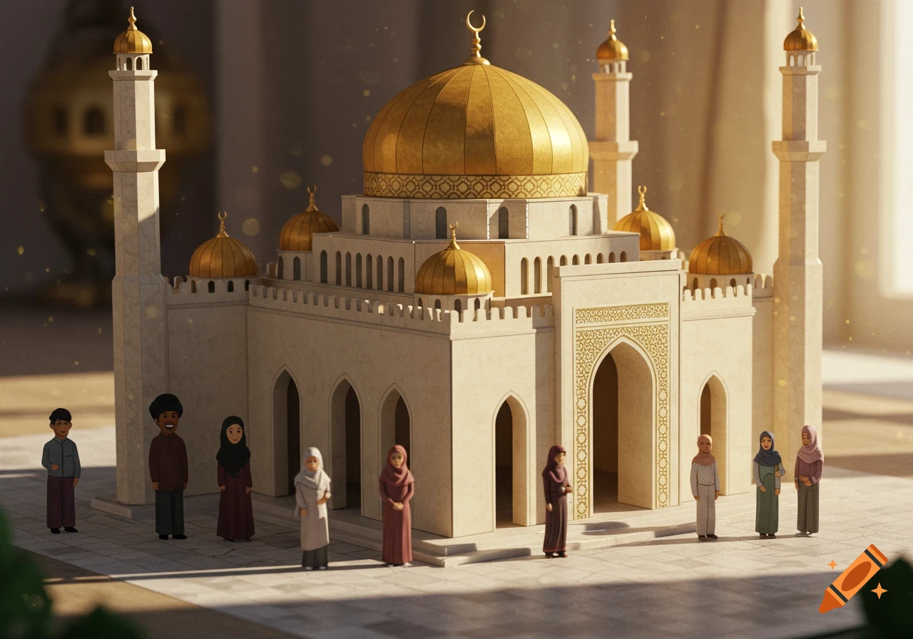 Miniature paper model of a mosque with figures standing outside in warm lighting.