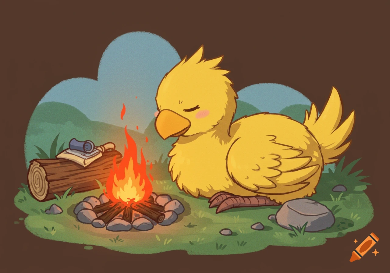 Anime style illustration of a yellow Chocobo sleeping next to a campfire at night.