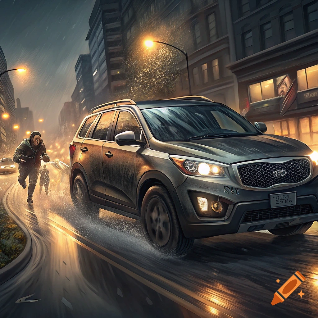 Cinematic image of a grey SUV driving through a rainy city street as a person runs away in the background.