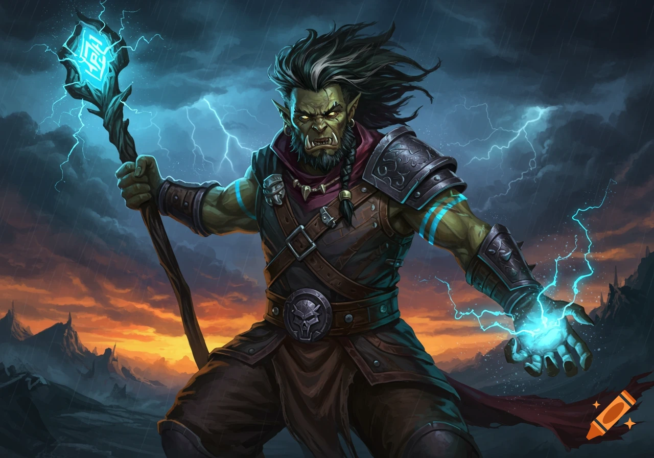 A half-orc storm sorcerer holds a glowing staff and sparks electricity in a stormy landscape.