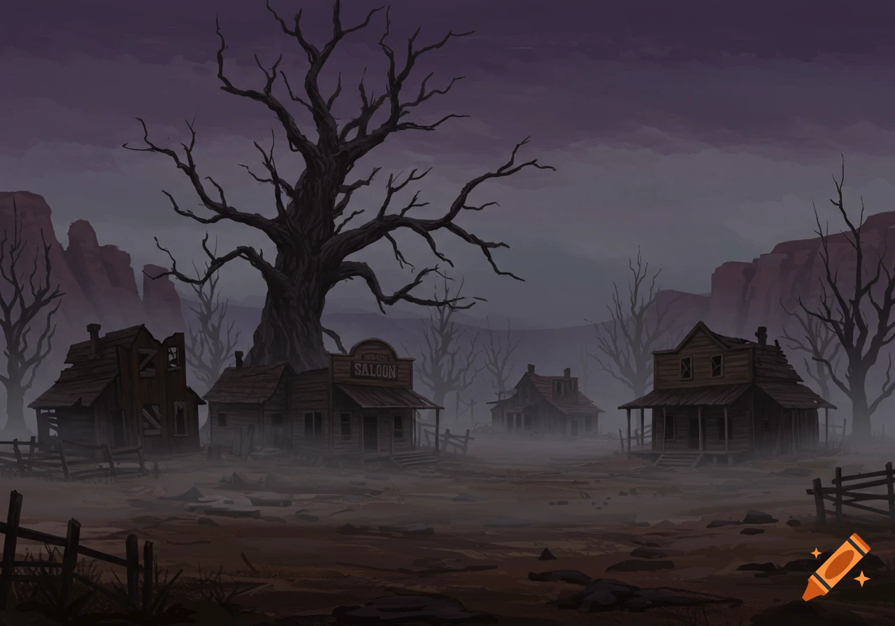 Spooky ghost town with run-down houses, a large bare tree, and fog under a dark sky.