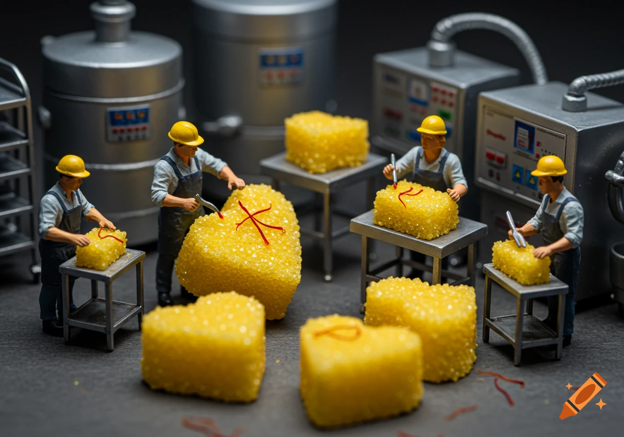 Hyper-realistic macro shot of miniature workers crafting heart-shaped sugar cubes in a factory.