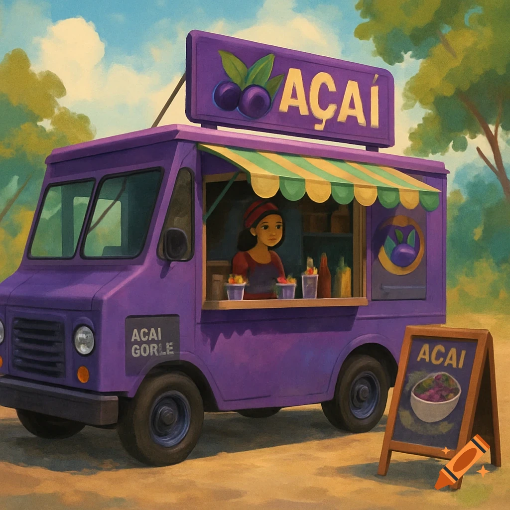 An illustration of a purple acai food truck with a person inside, parked outdoors.