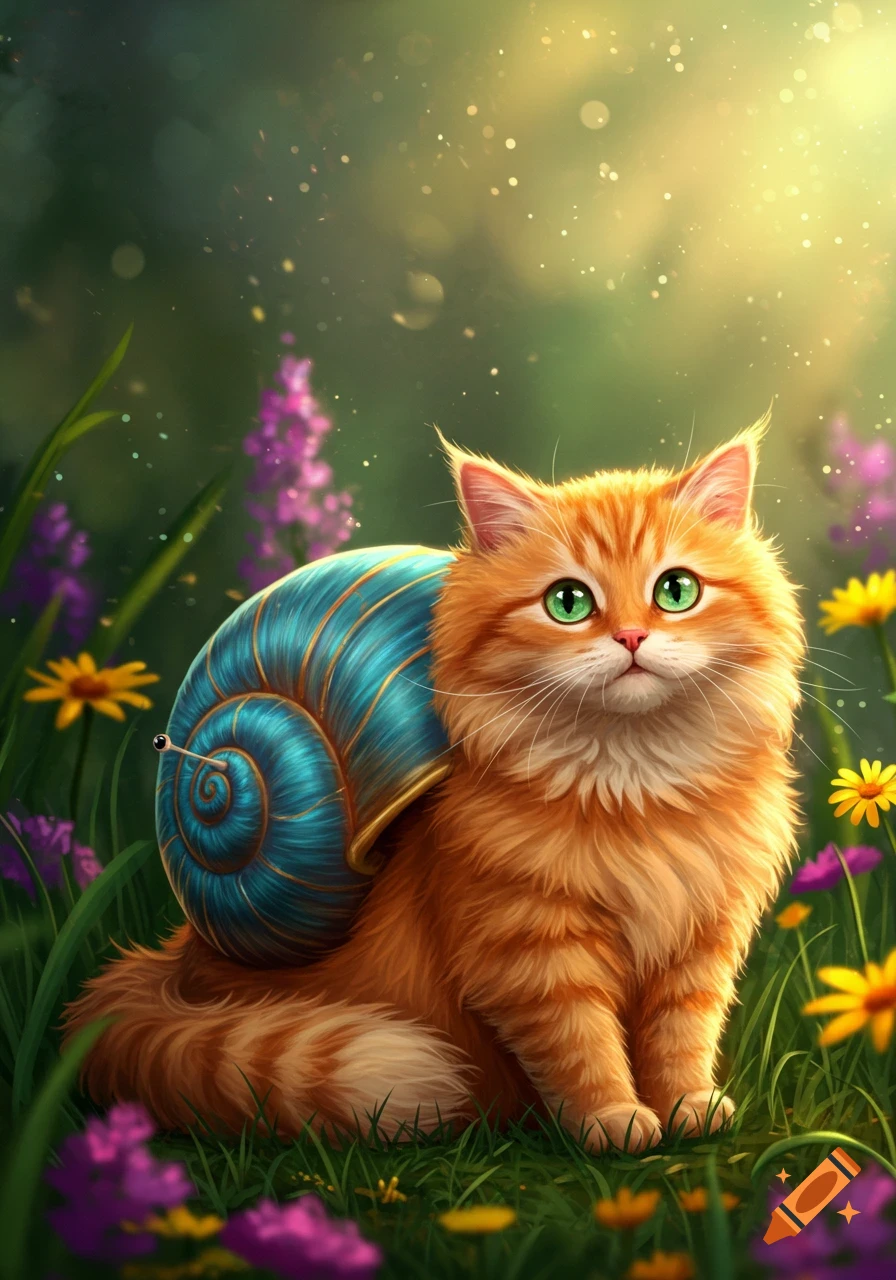 An orange fluffy cat with a blue snail shell on its back sits in a fantasy garden.