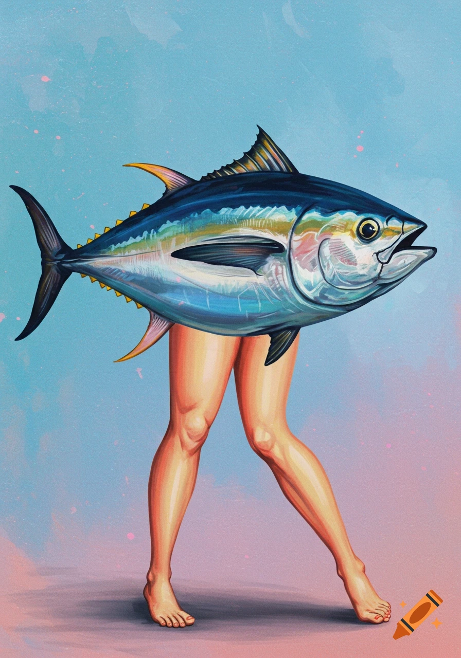 Painting of a tuna fish with human legs walking on a blue and pink background.