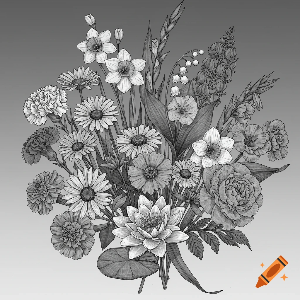 Black and white botanical illustration of a bouquet of flowers.