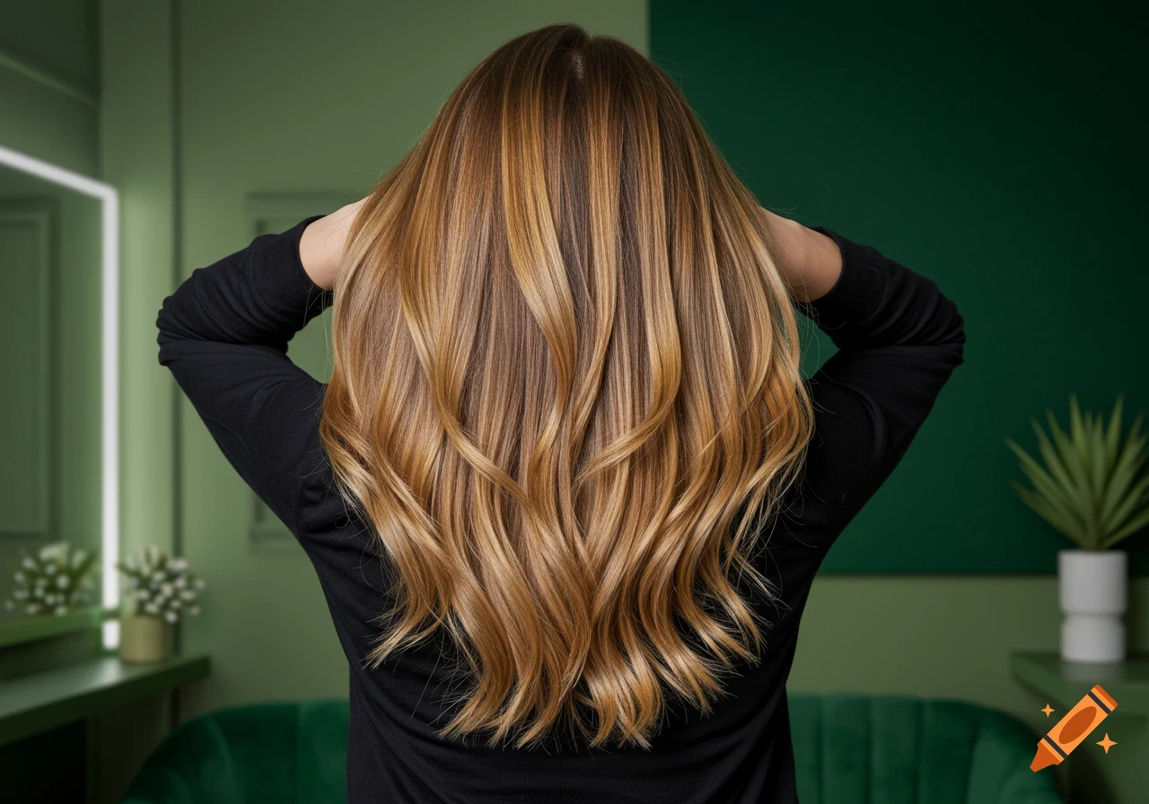Rear view of woman with long highlighted hair, hands in hair, in green room