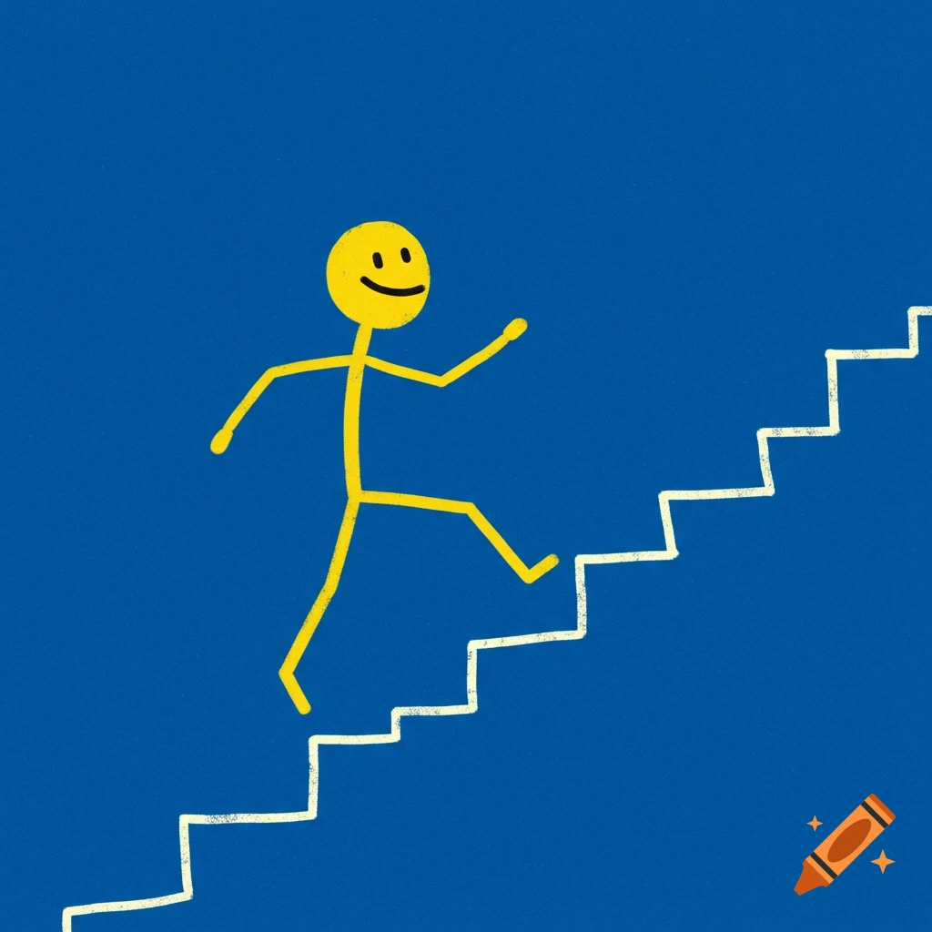 A yellow stick figure climbs white stairs on a blue background.